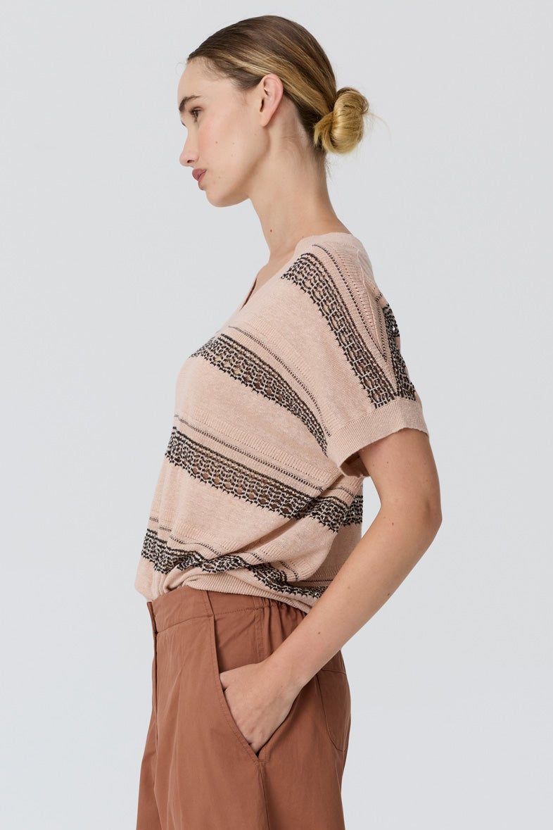 Liana V-Neck Pointelle Knit - Pink Black