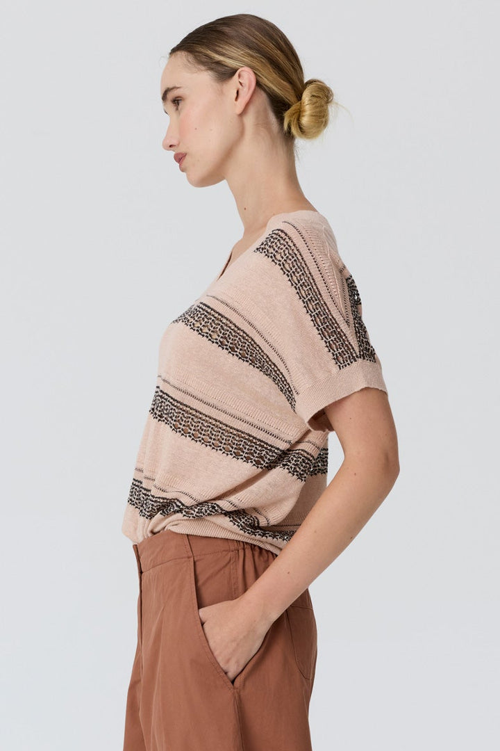 Liana V-Neck Pointelle Knit - Pink Black