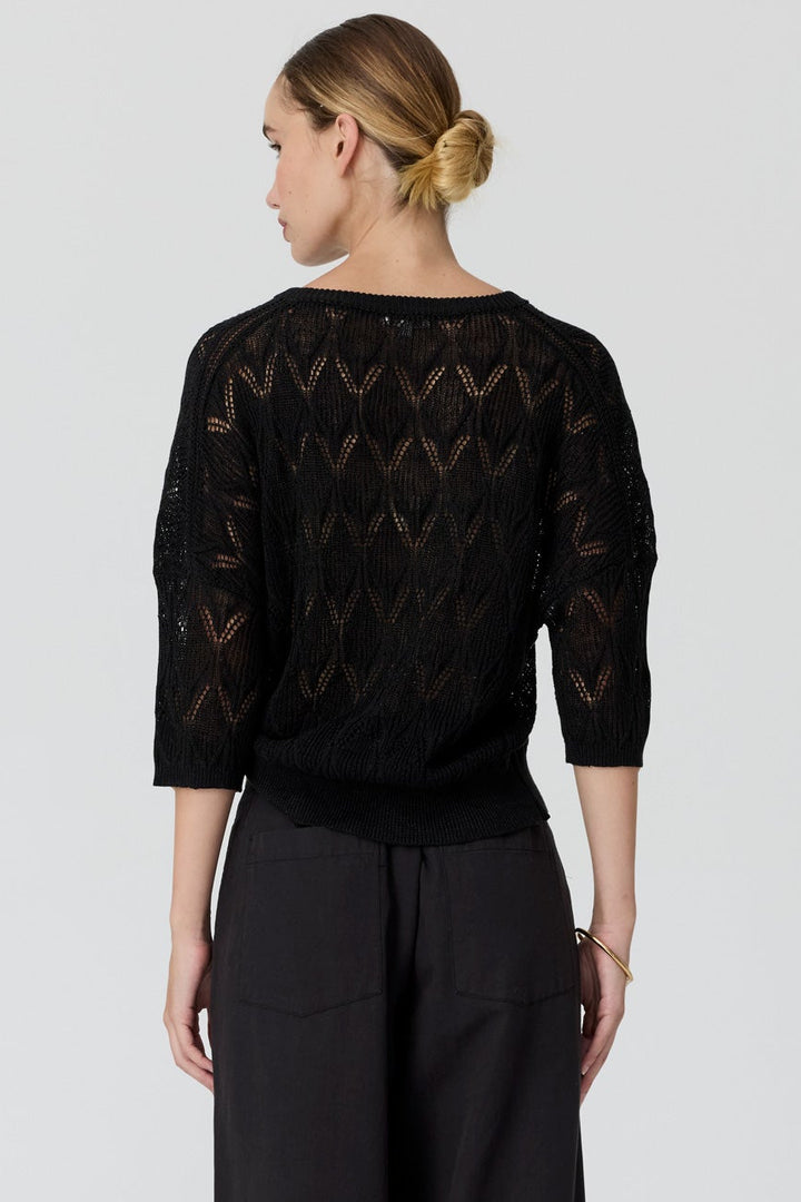 A woman shown from the back wearing a black three-quarter sleeve knit top with a textured geometric pattern and black wide-leg trousers, photographed against a light gray studio background.