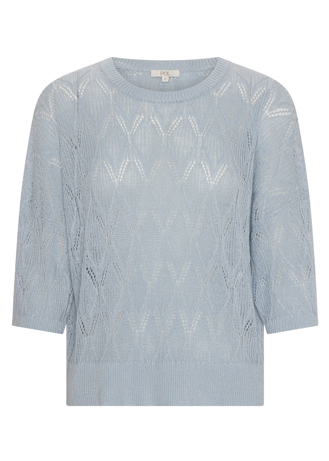 A light blue cable-knit sweater with three-quarter sleeves and a crew neck, shown against a plain white background.