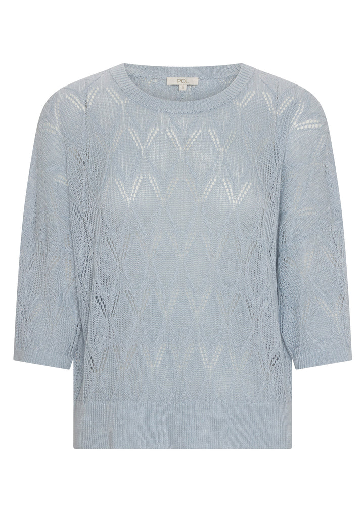 A light blue cable-knit sweater with three-quarter sleeves and a crew neck, shown against a plain white background.