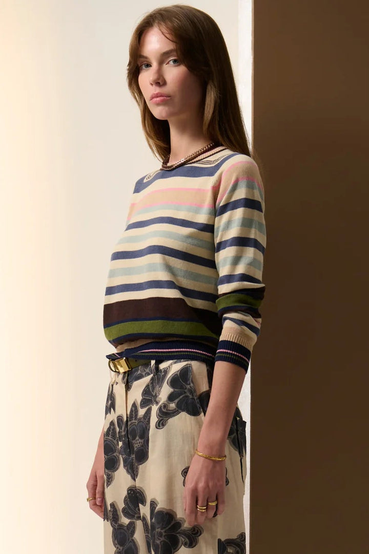 Woman wearing a striped sweater and floral skirt against a neutral background. Pol Sela Multi Knit