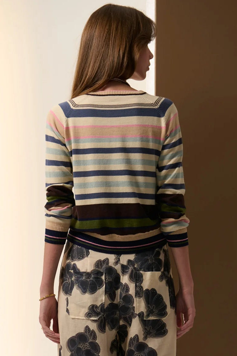 Woman wearing a striped sweater and floral pants against a neutral background. Pol Sela Multi Knit