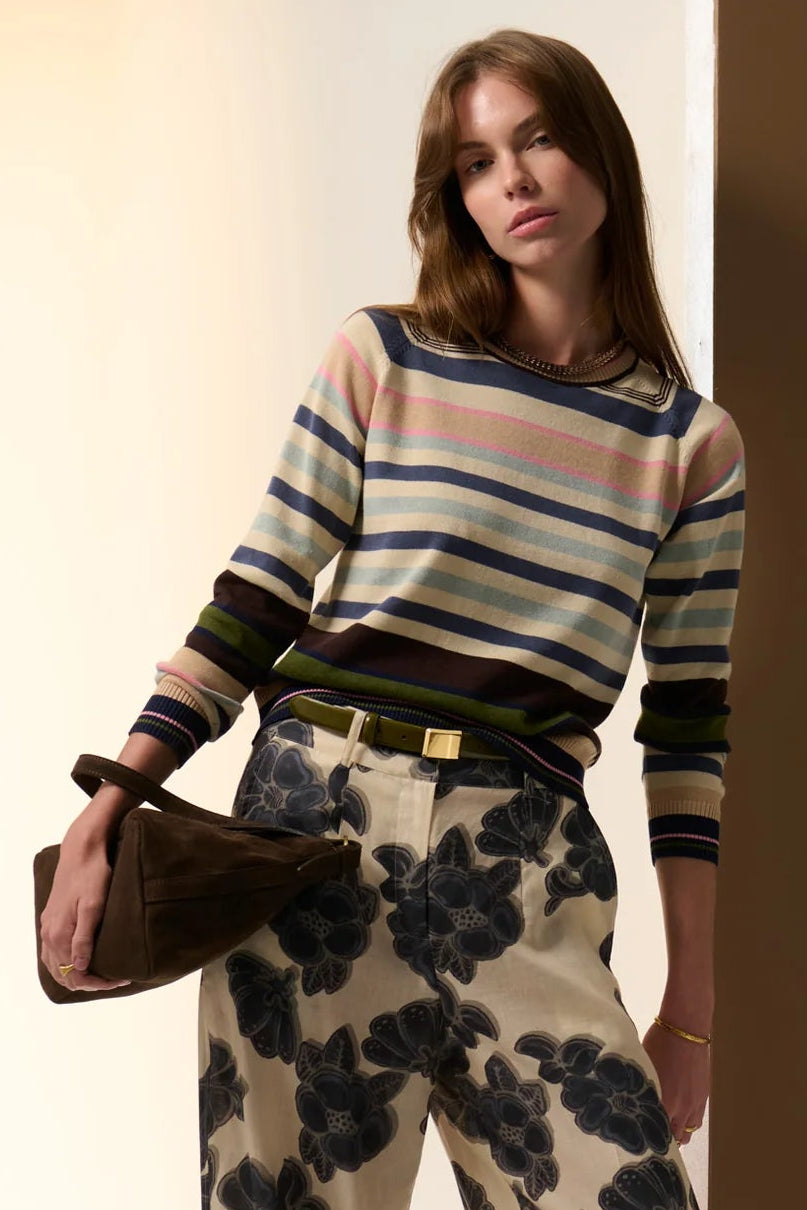 Woman wearing a striped sweater and floral pants against a plain background. Pol Sela Multi Knit