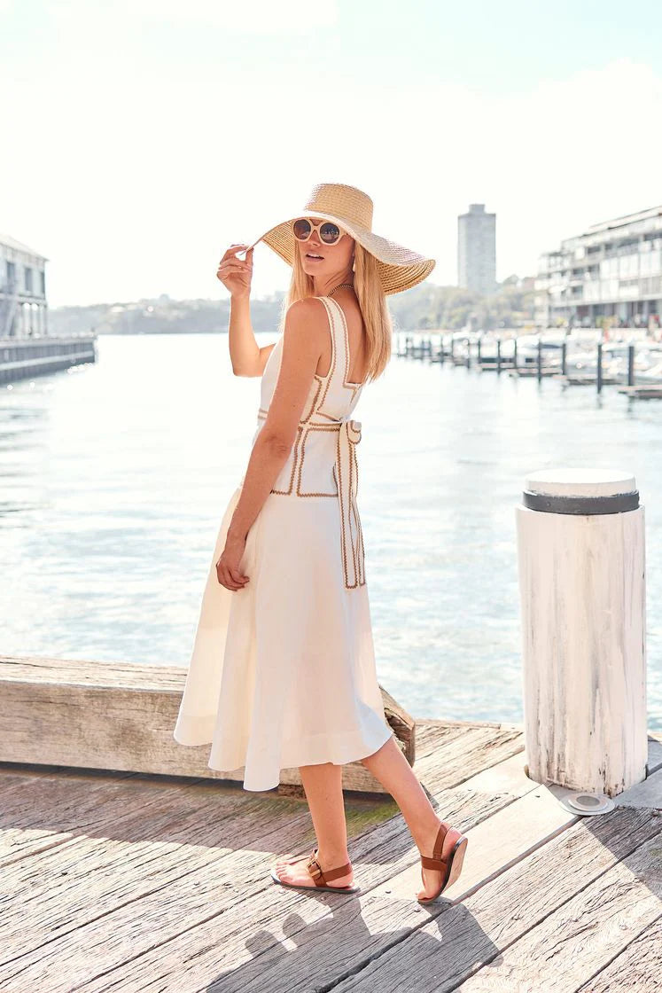 Marlin Raffia Trim Dress - Ivory