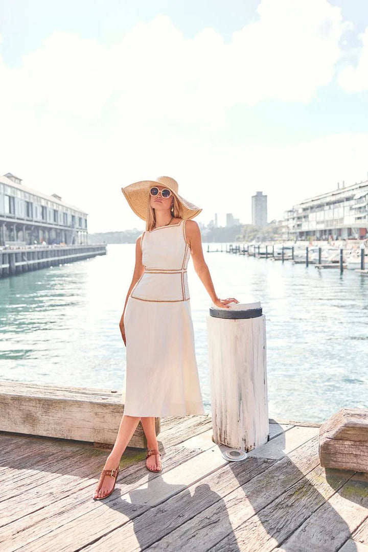 Marlin Raffia Trim Dress - Ivory