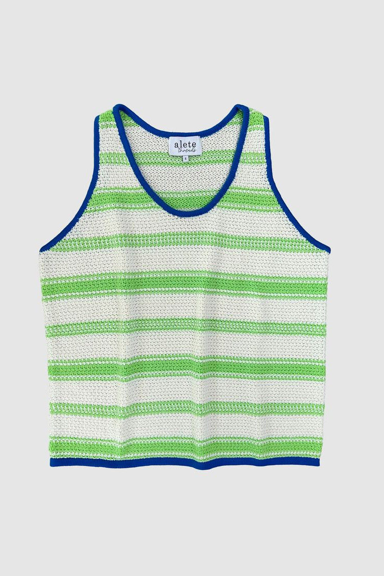 A sleeveless knit crop top with horizontal green and white stripes, featuring a vibrant blue trim around the scoop neck, armholes, and hem. The brand name 'aljeo' is visible on the inner neck label.