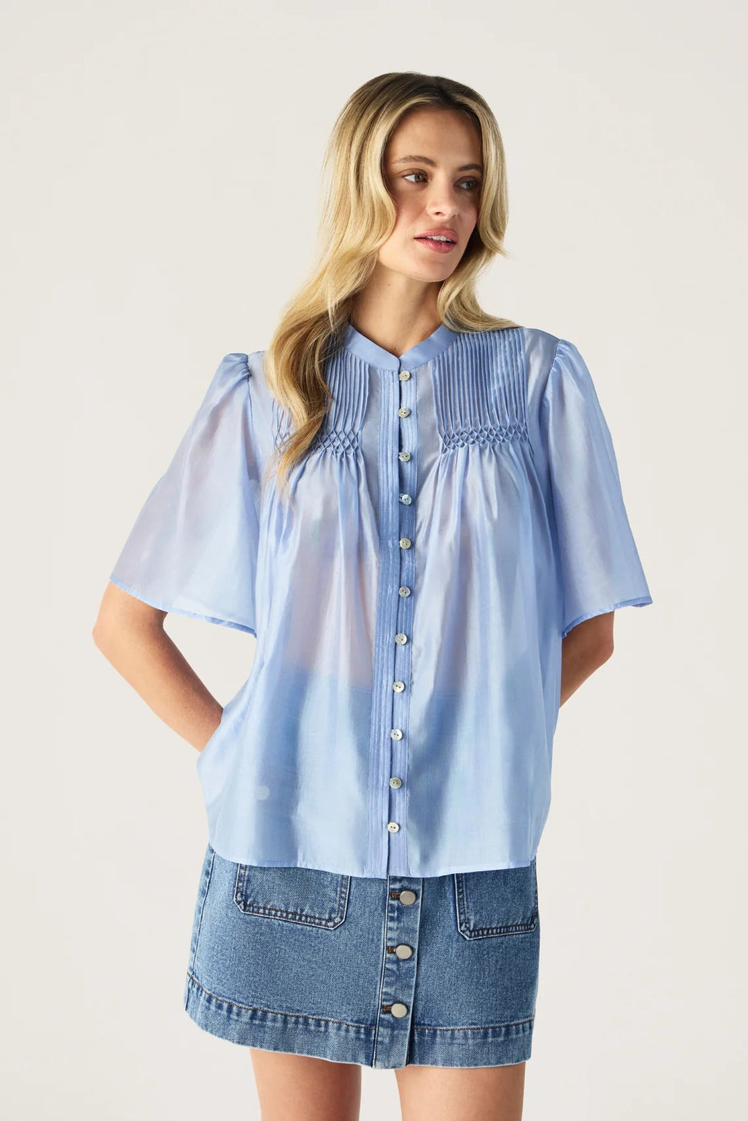 Romy Short Sleeve Blouse - Blue Aura