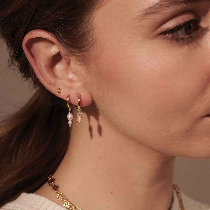 Huggie with Hanging Rose Quartz Baguette - 18KT Yellow Gold