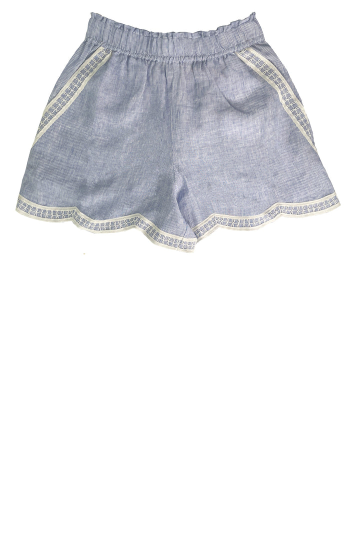 Light blue denim shorts with cream-colored contrast stitching and a scalloped hem, shown flat against a white background.