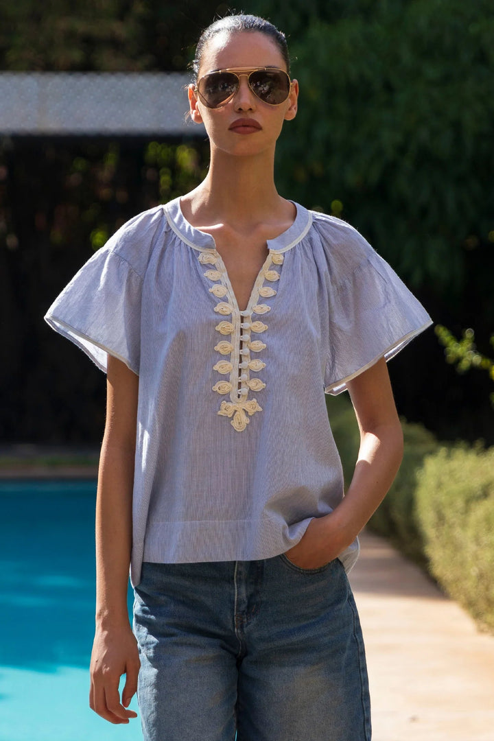Woman wearing a light blue embroidered top and sunglasses by a poolside.