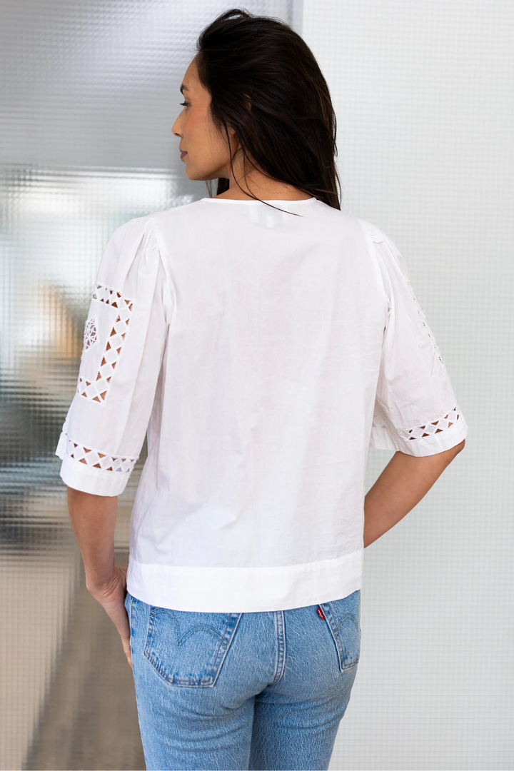 A woman viewed from behind wearing a white short-sleeve blouse with eyelet embroidery on the sleeves and hem, paired with light blue jeans.