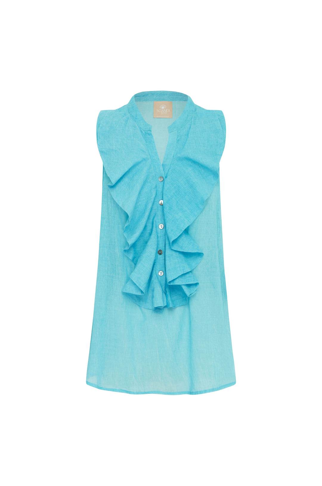 Light blue sleeveless top with ruffled details on a white background