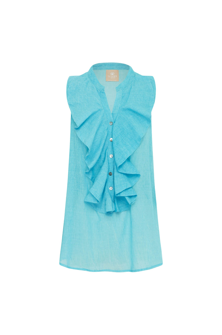 Light blue sleeveless top with ruffled details on a white background