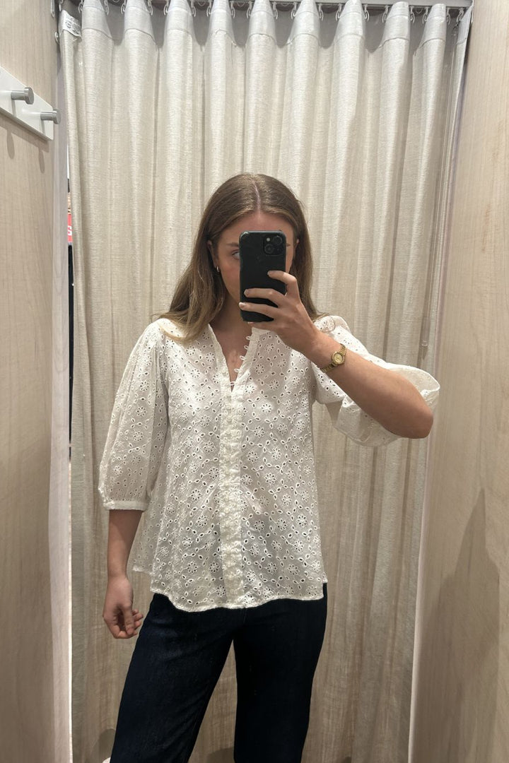 Person wearing a white blouse with black pants in a fitting room.
