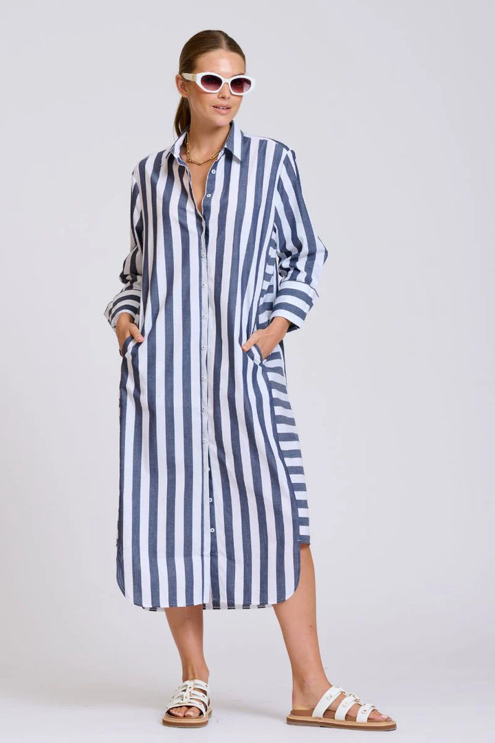 The Andrea Shirtdress - Navy Wide Stripe
