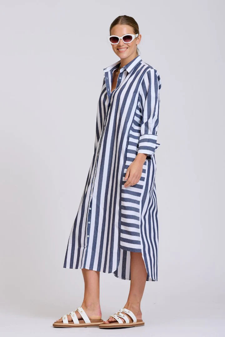 The Andrea Shirtdress - Navy Wide Stripe