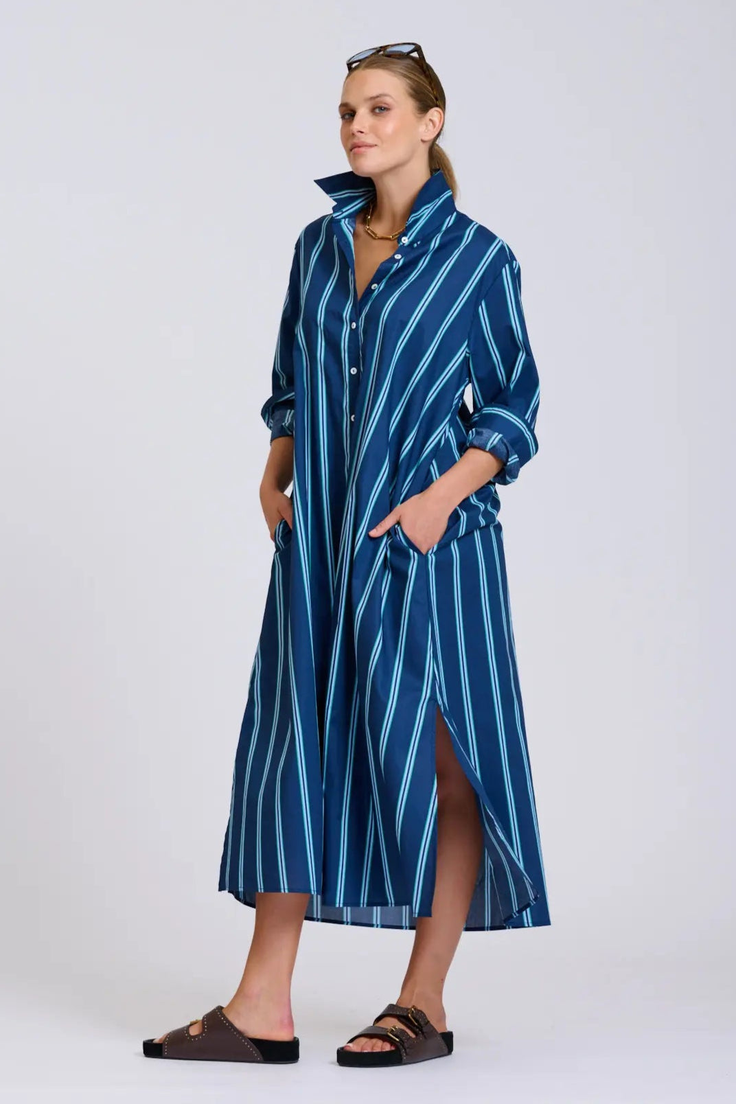 Shirty Luna Oversized Shirt Dress Navy Green Stripe
