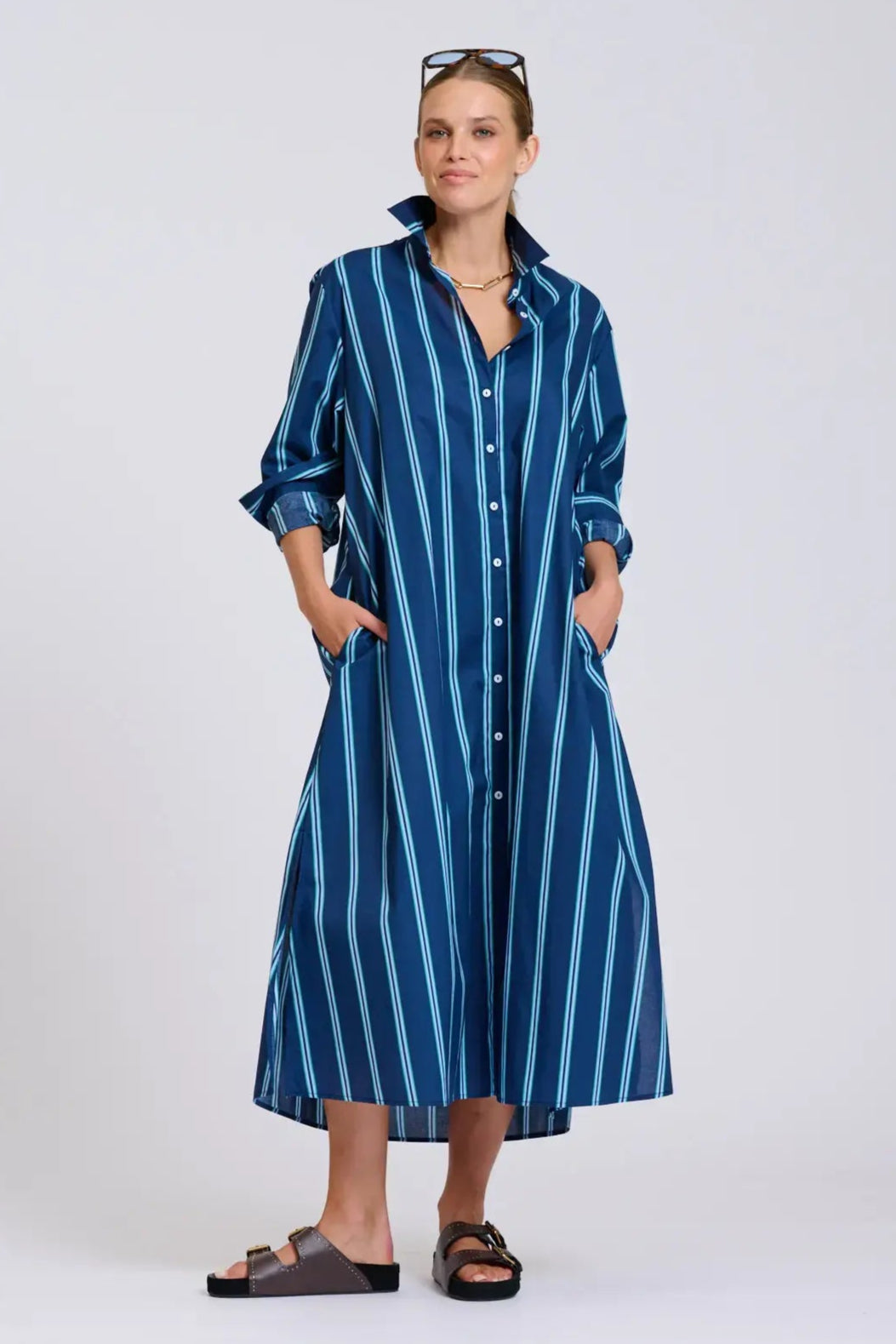 Shirty Luna Oversized Shirt Dress Navy Green Stripe