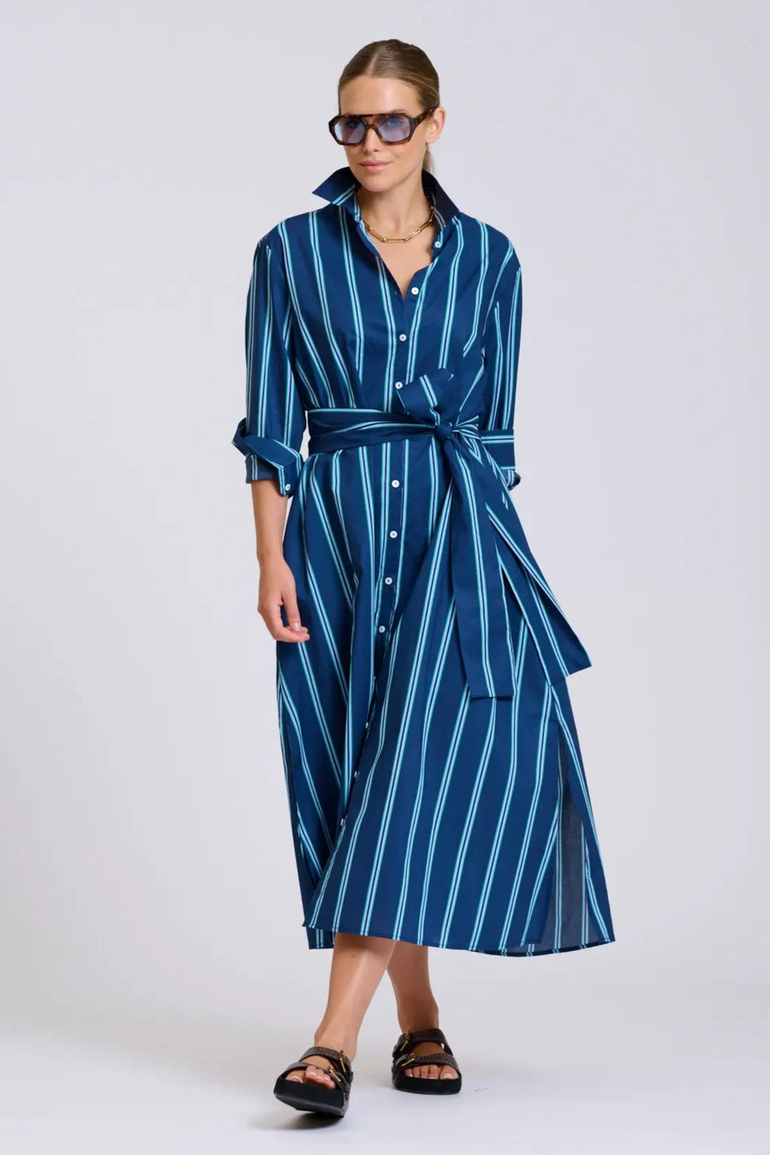 navy blue and green striped dress The Troy Flutter Sleeve Mini Dress MOD Boutique
