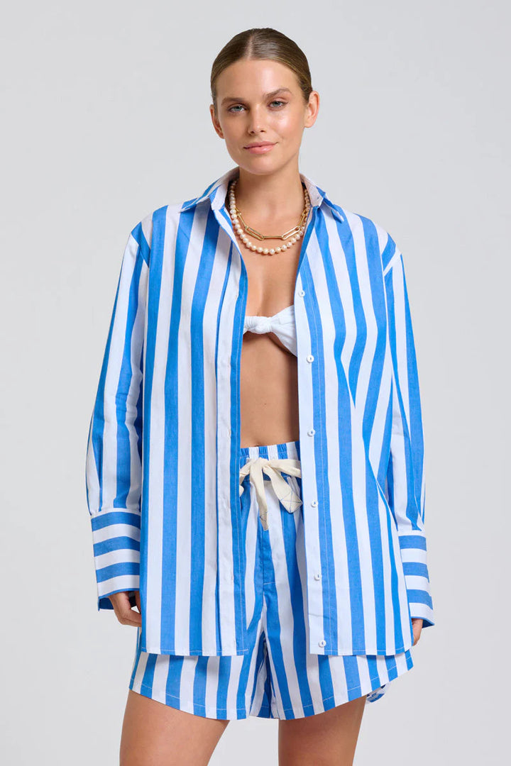 The Andrea Shirt - Mid Blue Wide Stripe