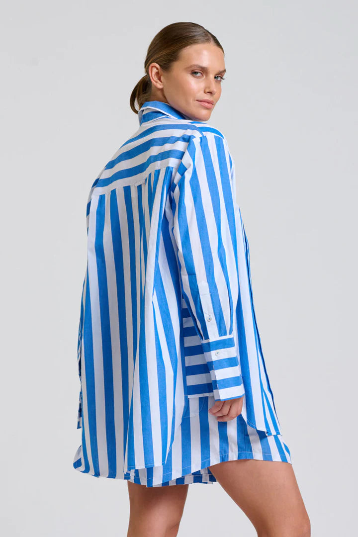 The Andrea Shirt - Mid Blue Wide Stripe