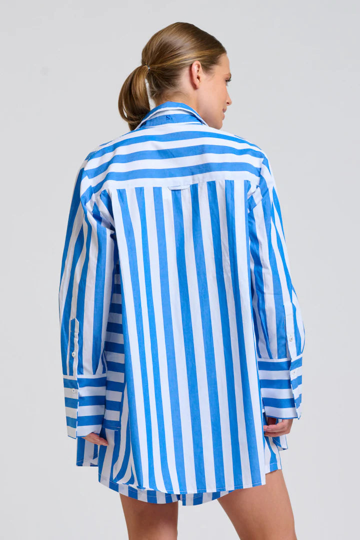 The Andrea Shirt - Mid Blue Wide Stripe