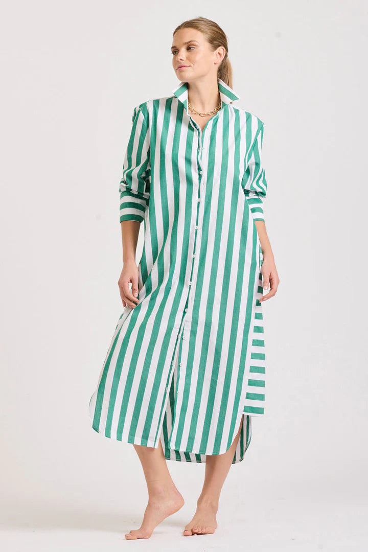 The Andrea Shirtdress - Green Wide Stripe