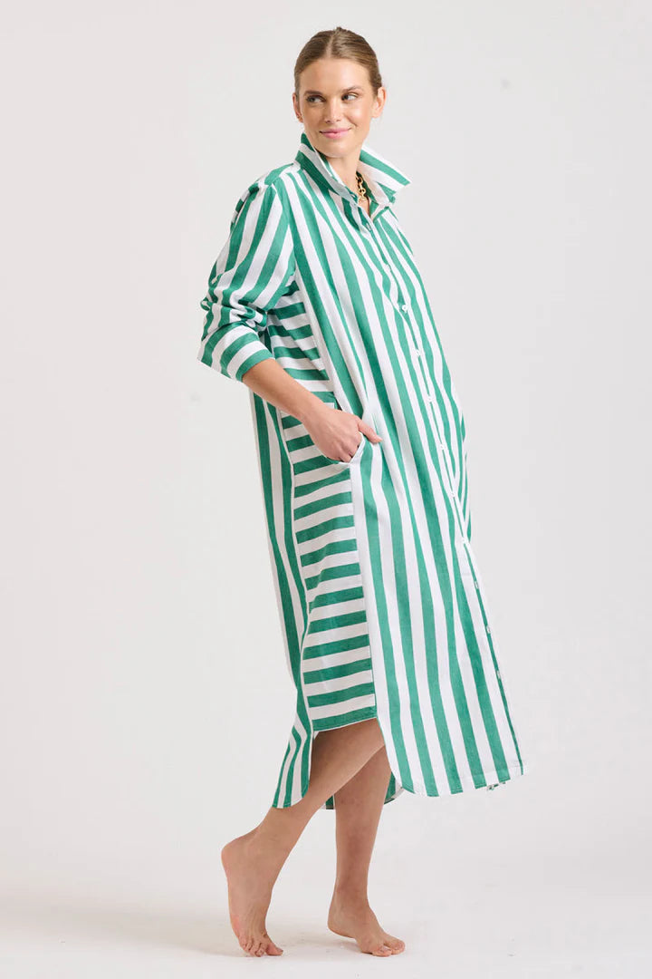 The Andrea Shirtdress - Green Wide Stripe
