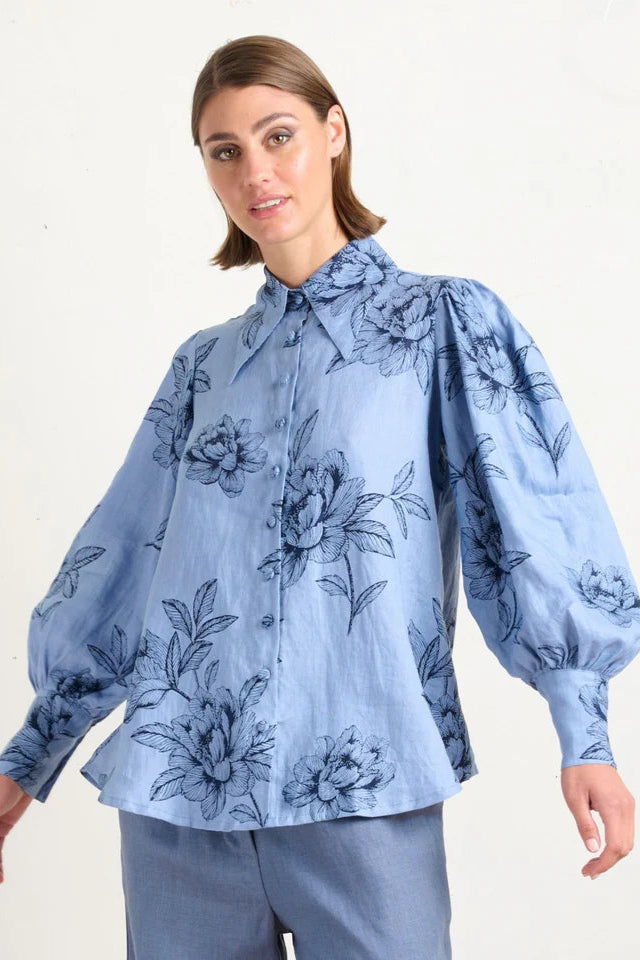 Pointed Collar Blouse - Peonies Blue
