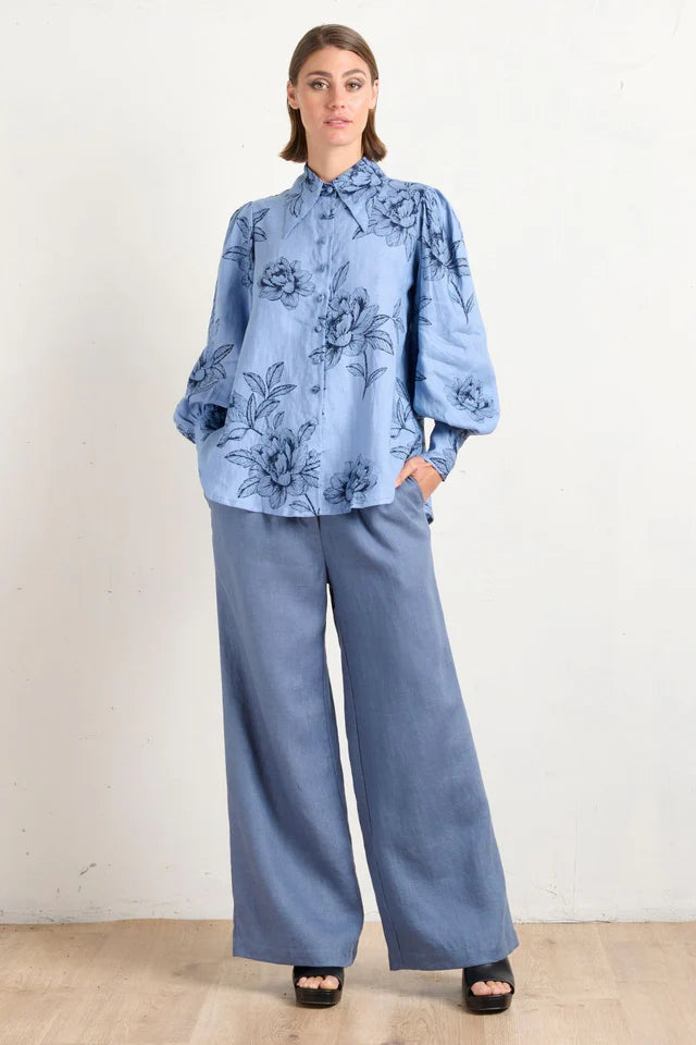 Pointed Collar Blouse - Peonies Blue