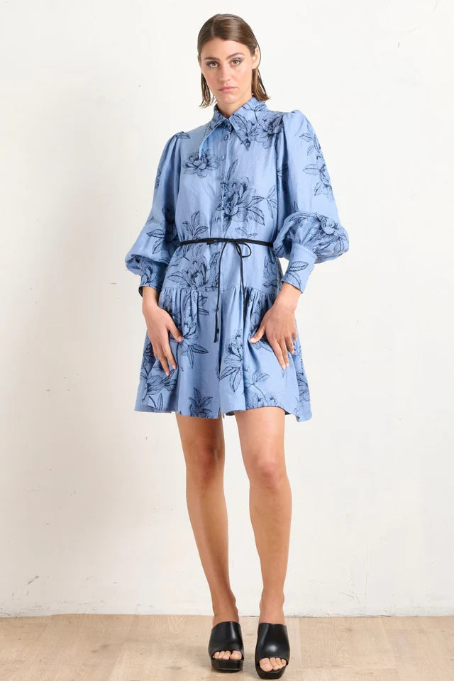 Pointed Collar Mini Dress - Peonies Blue