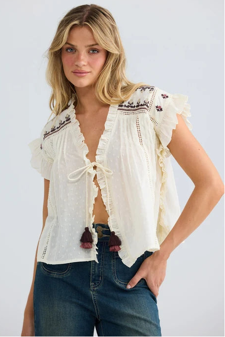 Saskia Tie Top - Natural Dobby