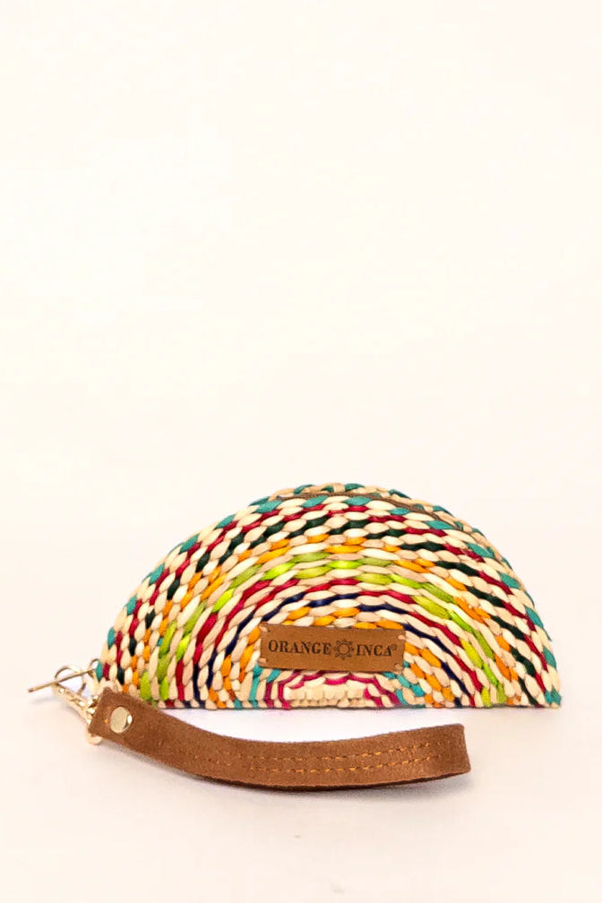 Colorful striped cap with a brown strap on a white background. Orange Inca Gran Fiesta Coin Purse Natural Carnival