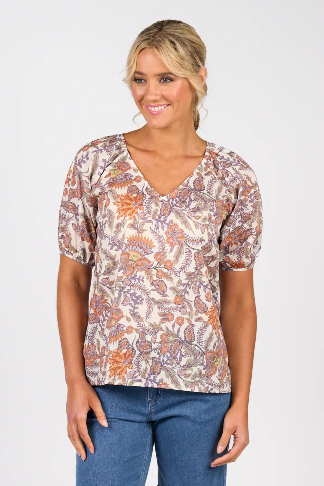 Vassali Printed V Neck with Floaty Sleeve Tuscany