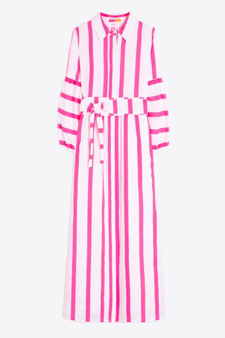 Pink and white striped dress on a white background