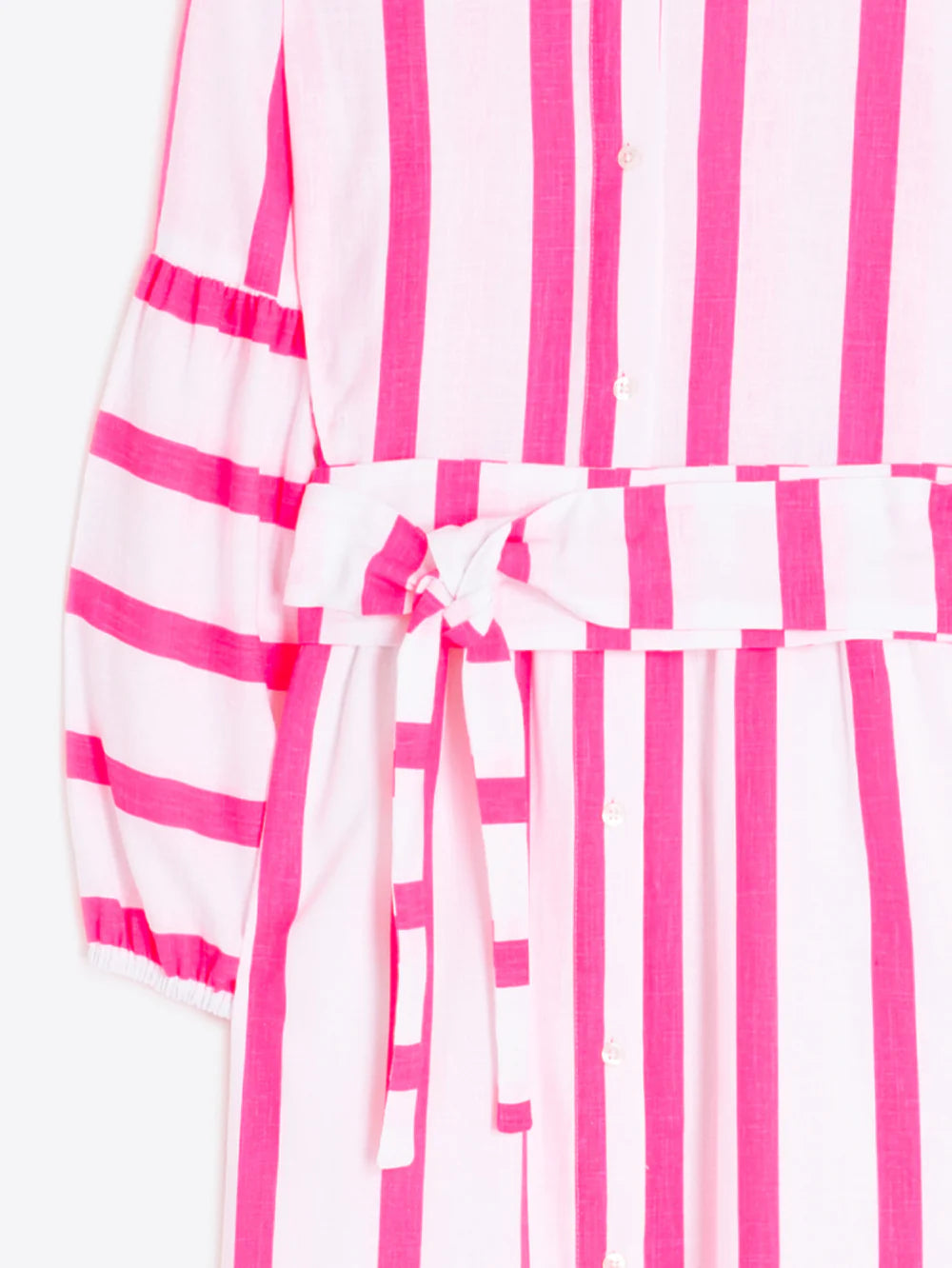 Pink and white striped dress with a tie waist on a white background