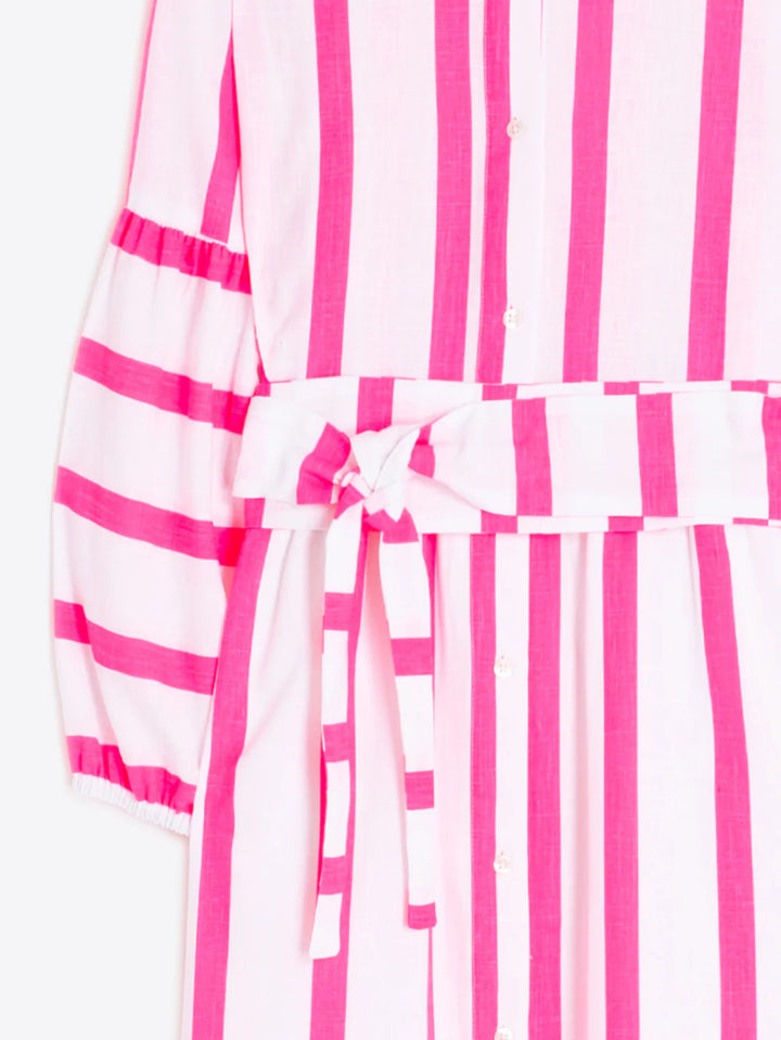 Pink and white striped dress with a tie waist on a white background