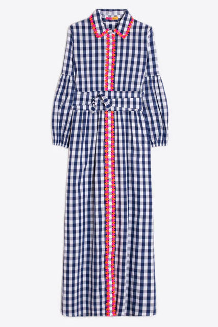 Blue and white checkered dress with red accents on a white background
