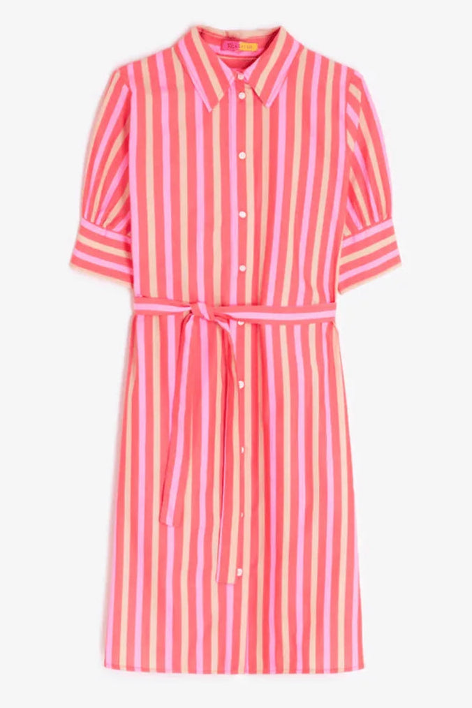 A pink and white vertically striped short-sleeve shirt dress with a button-down front, pointed collar, and a matching tie belt at the waist, shown against a plain white background.