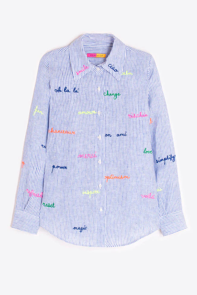 Blue striped shirt with colorful text on a white background