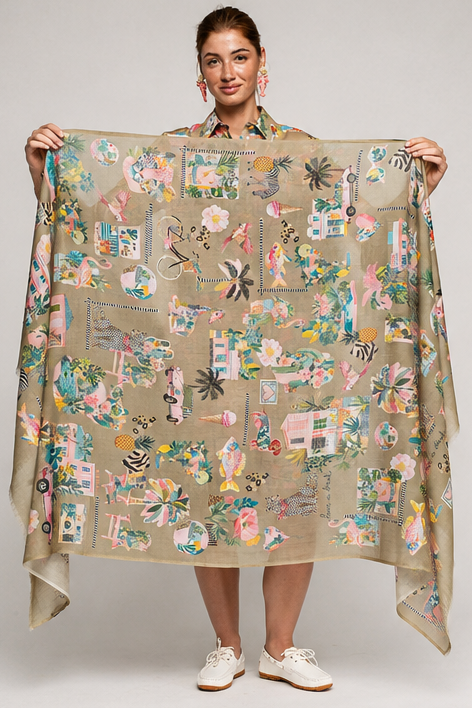 A woman stands against a light gray studio background holding up a large square scarf. The scarf has a beige base with a colorful illustrated print featuring flowers, leaves, birds, and small architectural motifs.