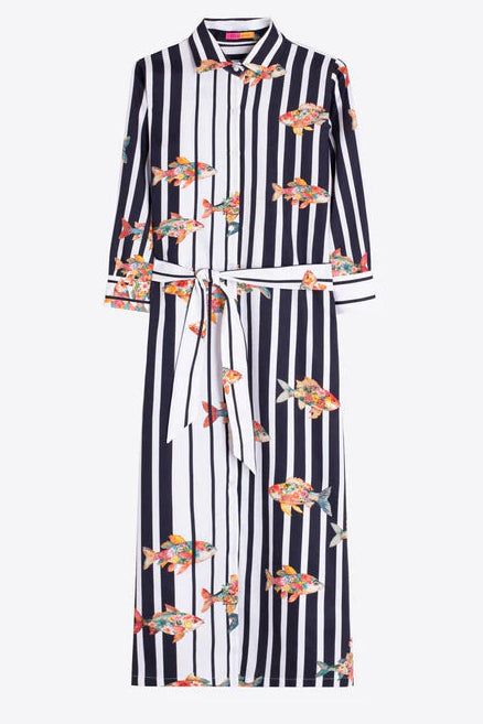 A long-sleeve collared shirt dress with vertical navy and white stripes and a scattered print of colorful fish, shown on a plain light gray background.