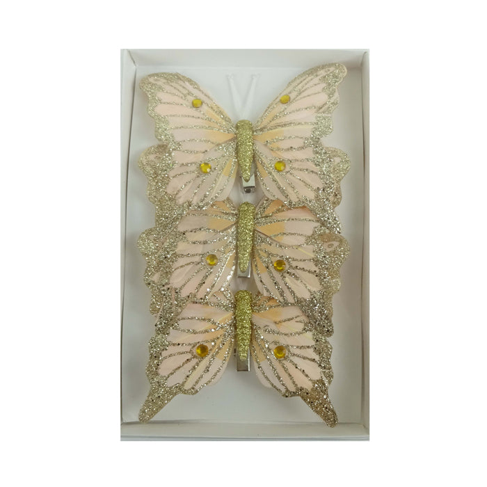 Feather Butterfly 3 Pack Christmas Decoration - Champagne