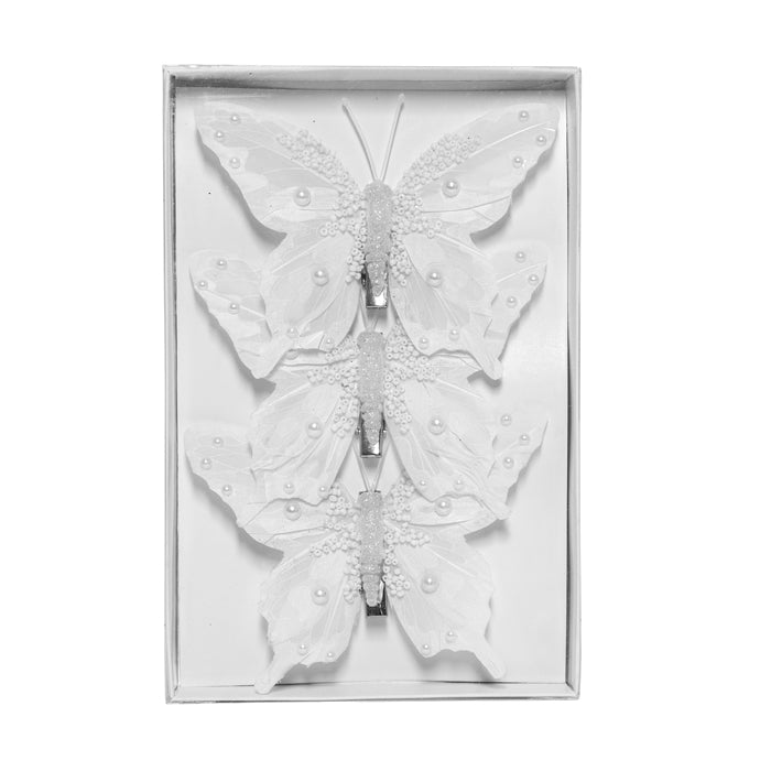 Feather Butterfly 3 Pack Christmas Decoration - Pearl