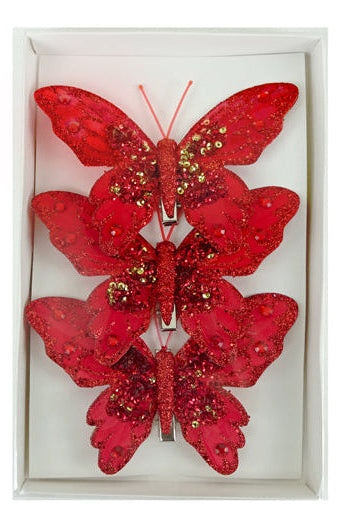Feather Butterfly 3 Pack Christmas Decoration - Red Gold
