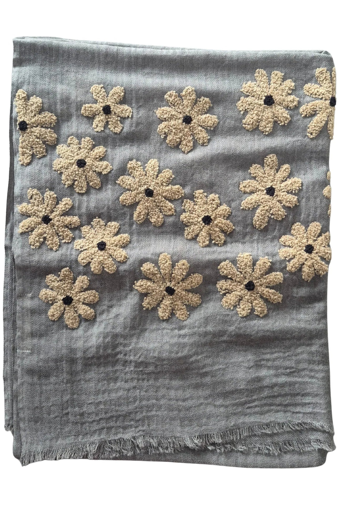 Gray scarf with beige floral patterns on a white background