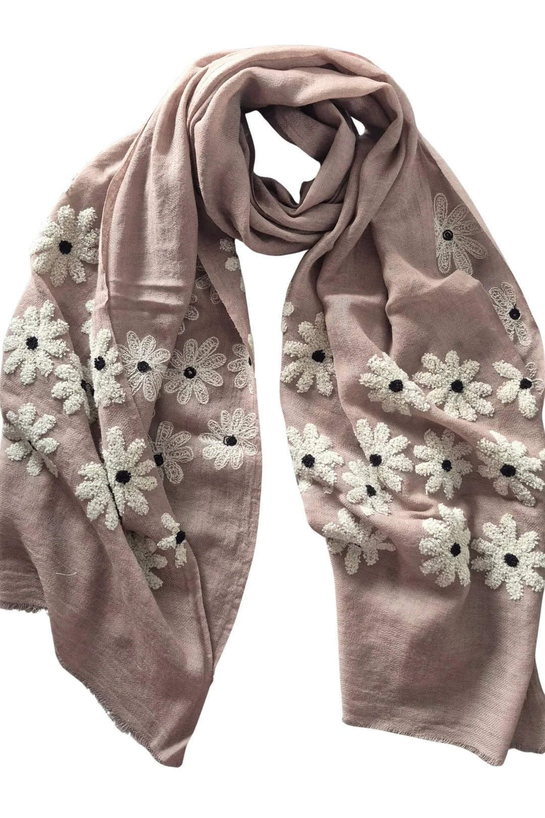 Pink scarf with floral embroidery on a light gray background