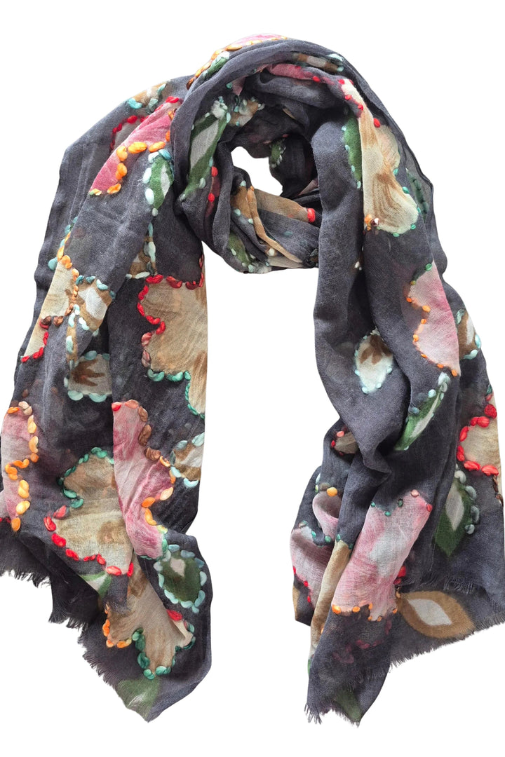 Multicolored scarf with floral pattern on a white background