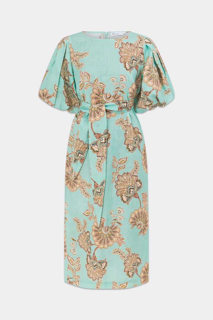 A light mint green midi dress with a brown and beige floral pattern, featuring short puff sleeves and a matching fabric tie belt at the waist, shown against a plain light gray background.